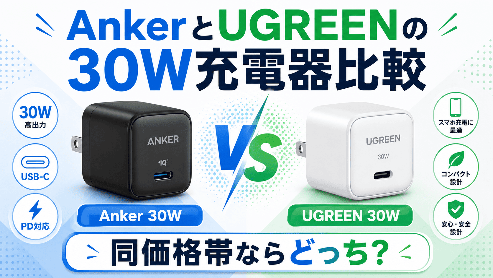 AnkerとUGREENの30W充電器比較
