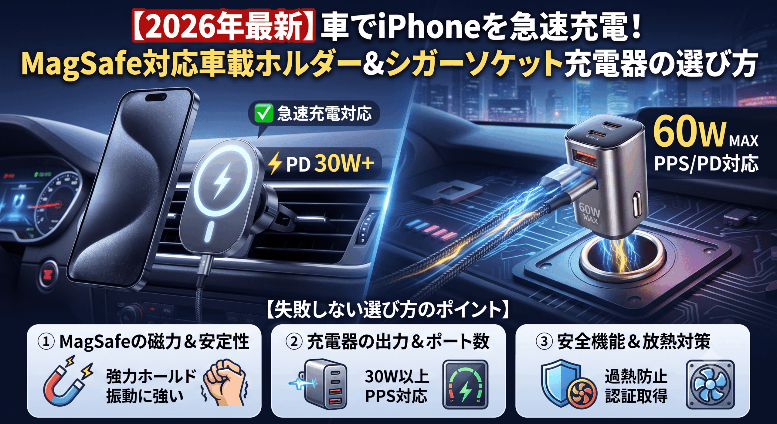 【2026年最新】車でiPhoneを急速充電！MagSafe対応車載ホルダー＆シガーソケット充電器の選び方