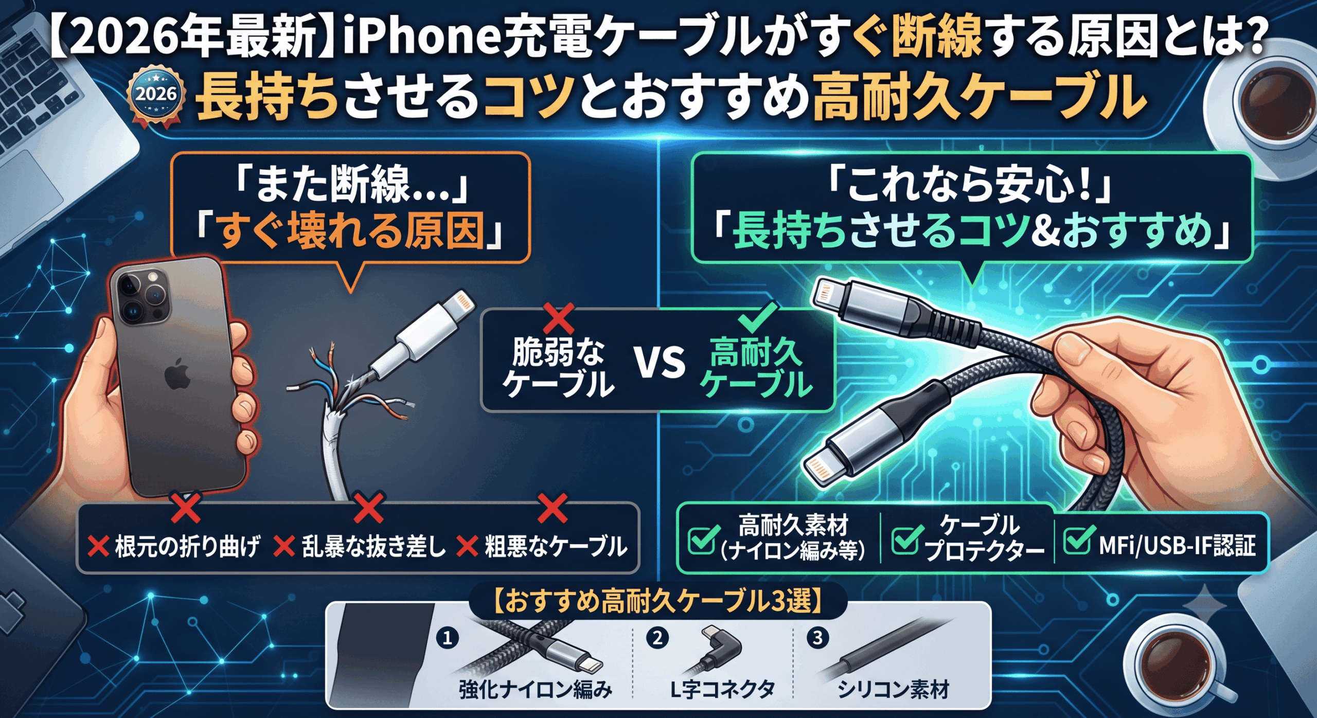 【2026年最新】iPhone充電ケーブルがすぐ断線する原因とは？長持ちさせるコツとおすすめ高耐久ケーブル