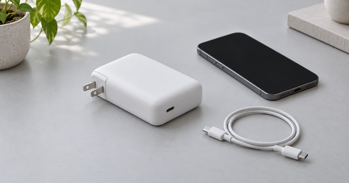 ACプラグ付きの白い充電機器とスマートフォン、USB-Cケーブルのイメージ
