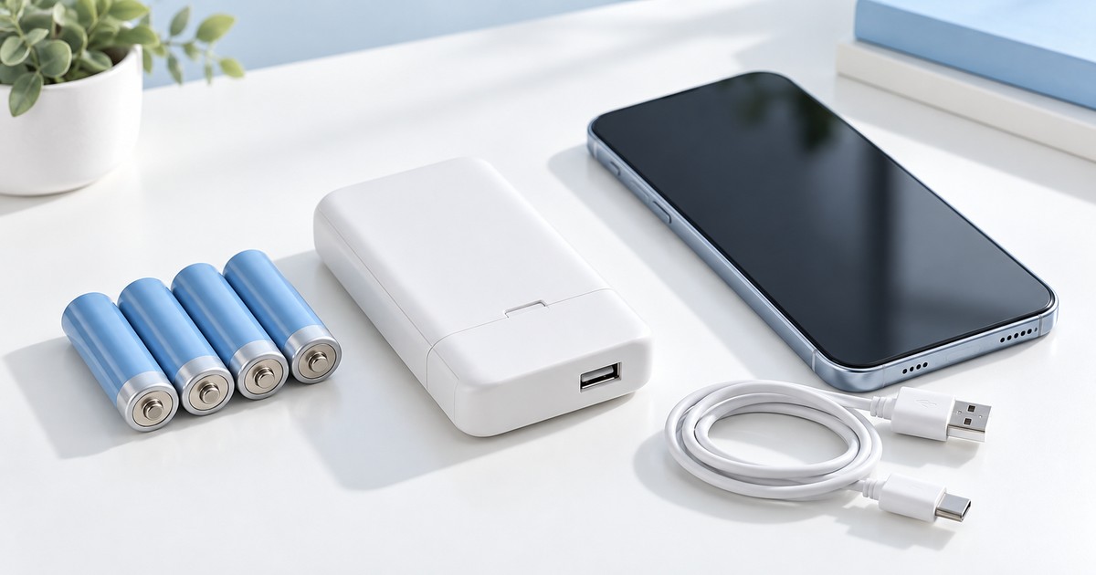 乾電池式USB電源と4本の電池、スマートフォン、USBケーブルを並べたイメージ