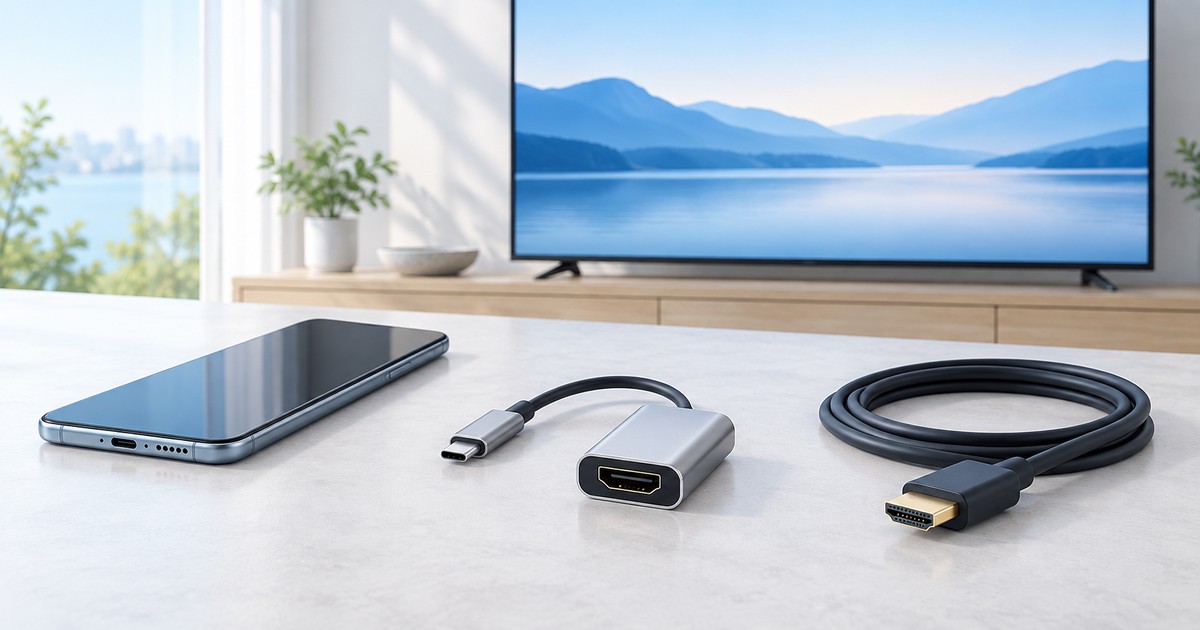 テレビの前に置かれたUSB-Cスマートフォン、HDMI変換アダプタとケーブルのイメージ