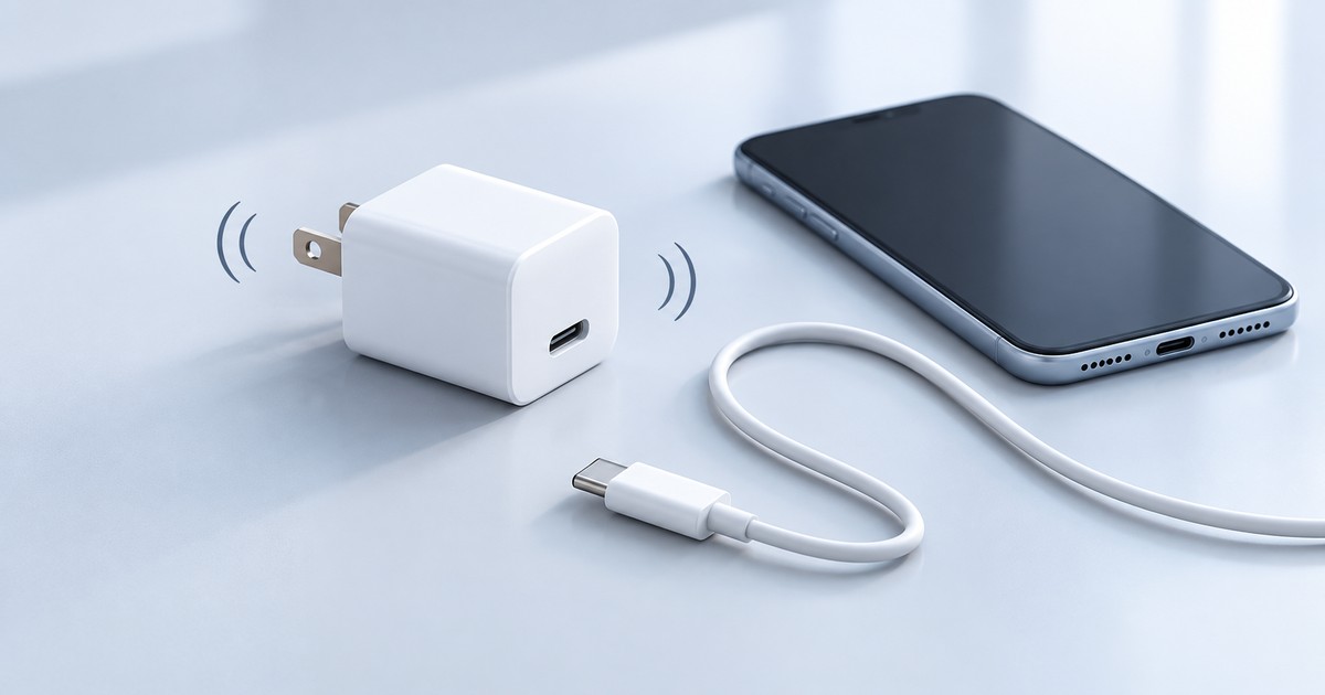 USB-C充電器の音を表す曲線と、接続を外したケーブル・スマートフォンのイメージ